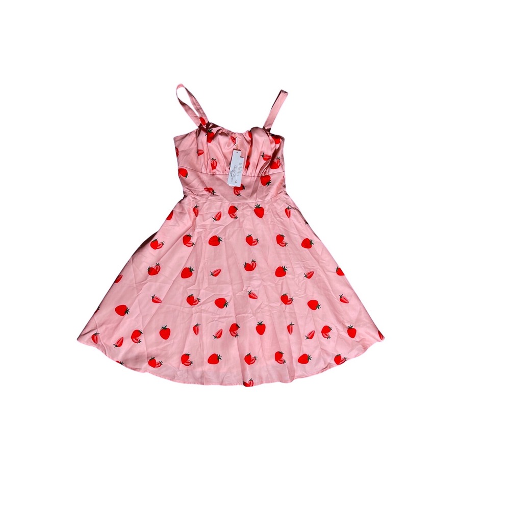 Bella Poque Pink Strawberry Print Fit and‎ Flare Dress Sleeveless
